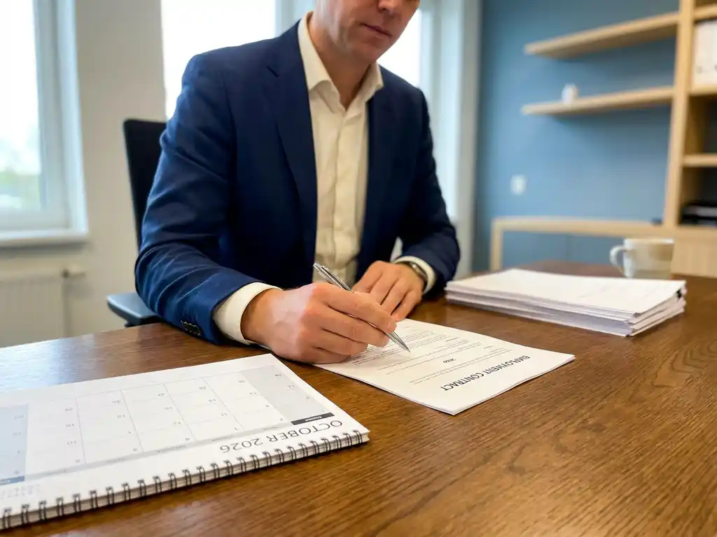 Bedrijfsmanager bestudeert arbeidsovereenkomst aan eikenhouten bureau in modern Nederlands kantoor, kalender 2026 op de achtergrond.