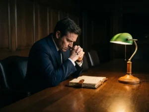 Bedrijfsleider in maatpak aan donkere vergadertafel met opengeslagen leren grootboek onder warm amberkleurig lamplicht.