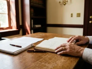Twee generaties handen bij een open familiebedrijfsboek en juridische documenten op een eikenhouten notarisbureau.