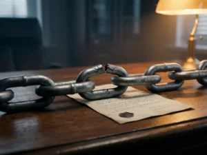 Gebarsten metalen schakelketting op donker eiken bureau met juridisch document, symboliseert kwetsbare toeleveringsketen.